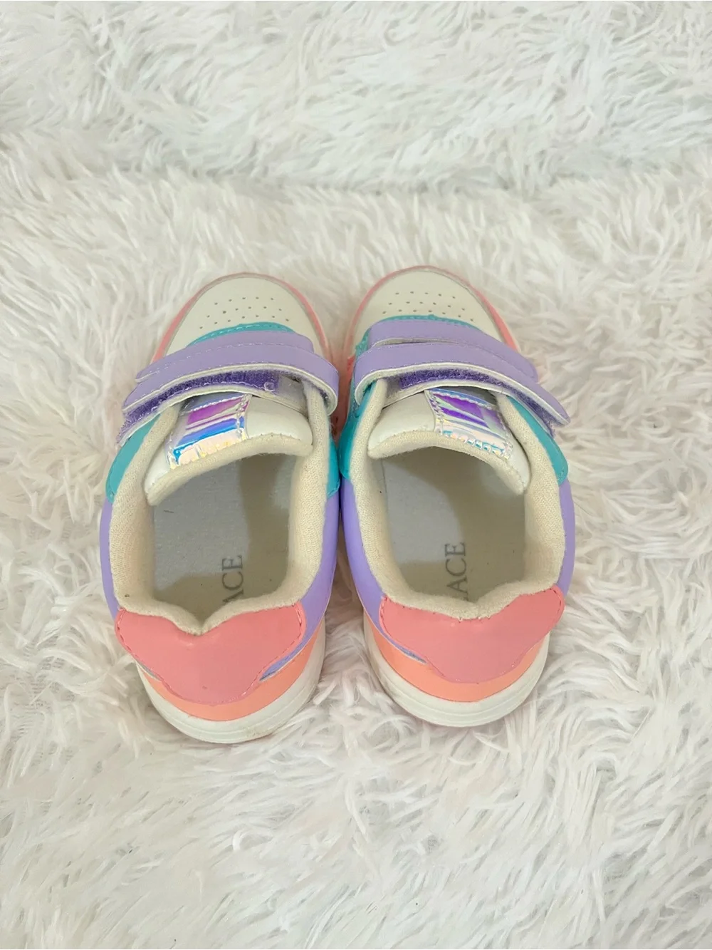 Children's Place white sneakers, pink and purple details, holographic star